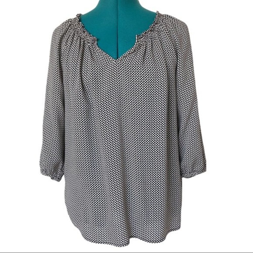 Black Peasant Style Blouse Women Small 3/4 Sleeve Mini Herringbone Print